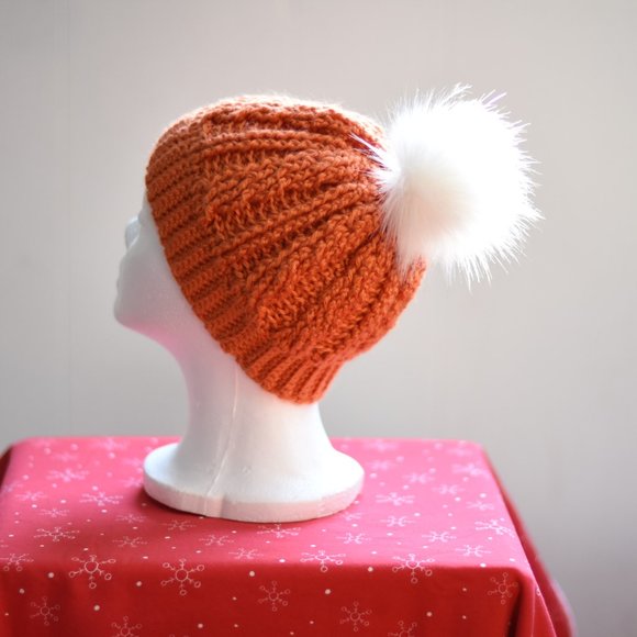 Crocheted Hand-made Cable Knit Orange Hat - Picture 3 of 6
